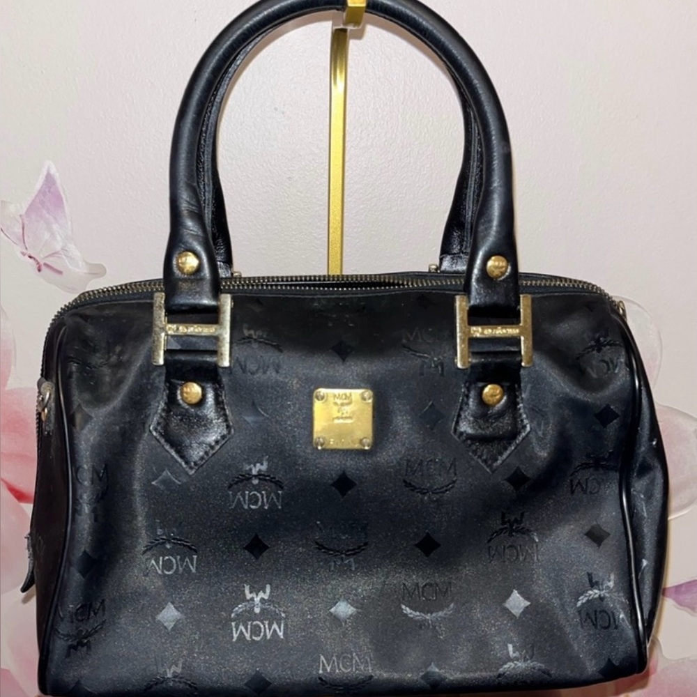 MCM Black Satchel with Structured Design and Monogram